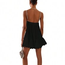Women Mini Dress Spaghetti Strap Crystal Rhinestone Cutout Ruffle Hem Cocktail Party Mini A-Line Dress For Summer Beach Nightclub - 黑色 - 查看 2