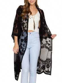 Women Casual Beachwear Cardigan, Solid Color 3/4 Sleeve See-Through Embroidery Flower Cover-Up - 黑色 - 查看 1