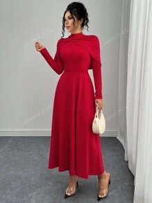 红色多向可穿领 A 字形蝴蝶结长袖女式连衣裙
