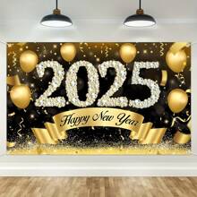 Happy New Year 2025 Banner, Party Background, 3D Sparkling Golden Balloons, Festive Wall Decoration On New Year's Eve, Multifunctional For Home, Kitchen, Entrance, Room Decoration, No Need For Power Supply