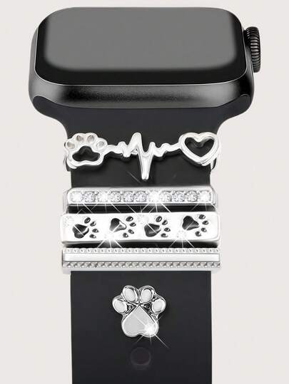 5pcs Metal Charms Decorative Ring Band Charms Pet Paws Dog Cat Puppy Diamond Rhinestone Ornament Smart Watch Silicone Strap Accessories Bracelet Fashionable Accessories (Watch And Band Not Included), Compatible With Apple Watch Series Ultra/Se/11/10/9/8/7/6/5/4/3/2/1 Compatible With Samsung Galaxy Watch 7 Band/FE 6 5 4 40mm 44mm,Galaxy Active 2 Compatible With Huawei Honor