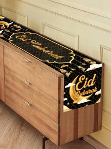 1pc Black & Gold Theme Eid Al-Fitr Table Runner, With Moon Lantern & Mandala Flower Elements, Eid Mubarak, Made Of Polyester, 35x180cm, Suitable For Eid Al-Fitr Holiday Table Decoration