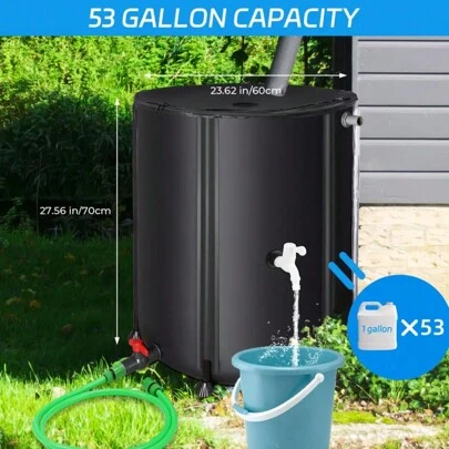 53/100/132/200 Gallon Foldable Water Tank, Portable Rainwater Collector With Faucet, Multifunctional Outdoor Water Storage, Garden Fish Pond, Lawn Care, PVC Material, Black