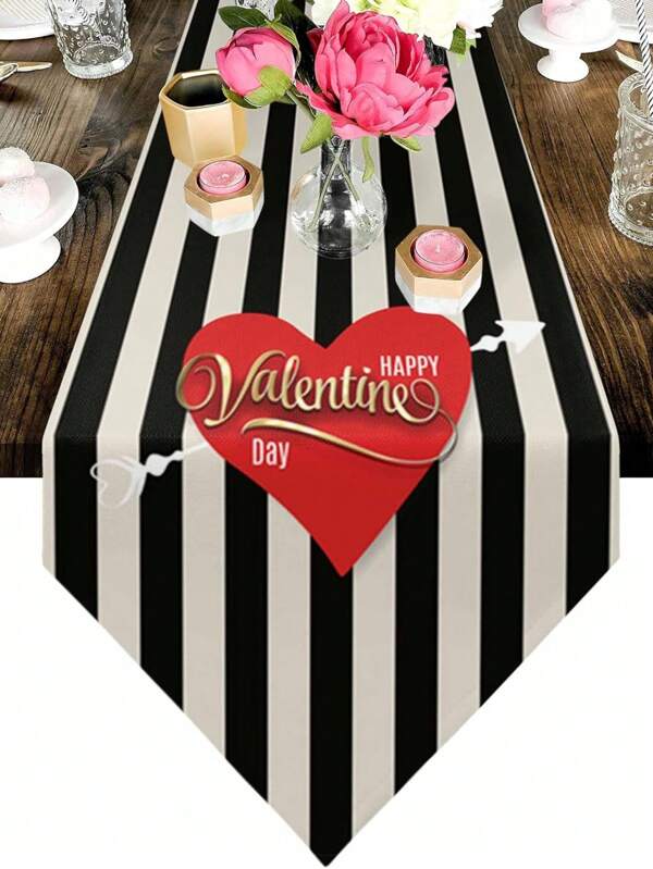 1PC Table Runner, Linen Washable Table Runners, Valentine's Day Red Heart Black Stripes Kitchen Dining Dresser Scarf Table Cloth, Party Wedding Home Decoration