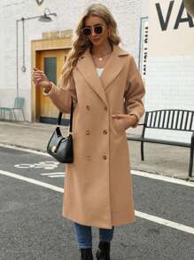 Women's Long Coat Notched Lapel Collar Double Breasted Pea Coat Winter Elegant Wool Blend Over Coats Jackets Christmas Gift & New Year Gift
