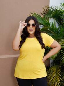 Plus Size T-Shirt Women's Basic Blouse Basic Look Ideal Uniform Customize Round Neck Curve T-Shirt - 黃色 - 查看 3
