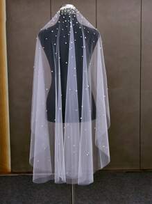 1pc Short Faux Pearl Bridal Veil, Suitable For Women's Wedding, Wedding Photography Prop, With Hair Comb - Beige - View 14