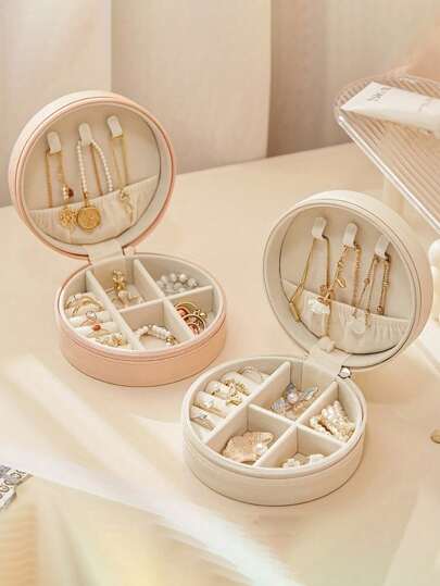 1/5 件便携式多色珠宝收纳盒 - 带拉链的宽敞圆形盒，适用于耳环、项链、手镯和戒指 - 经典简约设计，高品质展示，圆形小型旅行珠宝盒，拉链珠宝盒，收纳盒圆形珠宝收纳盒带盖，耳环和耳钉收纳盒，便携式整理盒，适用于桌子、办公室、卧室、衣柜