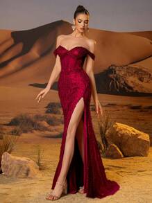 闪亮手工串珠晚礼服，高开衩露肩舞会礼服，奢华精致的美人鱼正式晚宴礼服，半透明束身胸衣舞会礼服，拉链后背，婚礼宾客礼服，优雅春季 - 酒紅色 - 查看 9