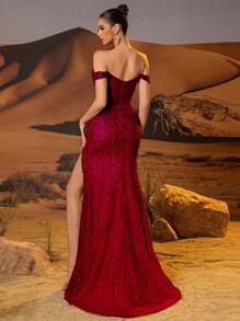 闪亮手工串珠晚礼服，高开衩露肩舞会礼服，奢华精致的美人鱼正式晚宴礼服，半透明束身胸衣舞会礼服，拉链后背，婚礼宾客礼服，优雅春季 - 酒紅色 - 查看 3