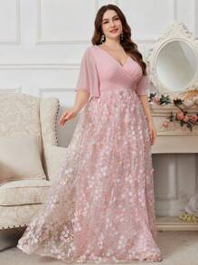 UNITHORSE Plus Size V-Neck Ruffle Peplum Sleeve Mesh Floral Applique Elegant Formal Evening Gown Cocktail Dress,Party Dress,Prom Dress - Pink - View 1