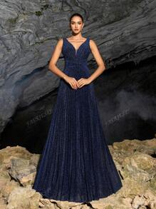 Faeriesty Shimmering Sleeveless V-Neck Maxi Dress With Waist-Cinching Silhouette & Pleated Fabric – Spring/Summer Evening Gown For Formal Events & Parties (Sophisticated Elegance, Versatile Party Wear)