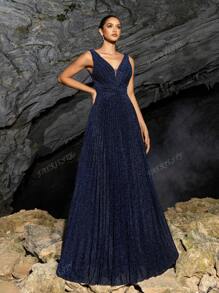 Faeriesty Shimmering Sleeveless V-Neck Maxi Dress With Waist-Cinching Silhouette & Pleated Fabric – Spring/Summer Evening Gown For Formal Events & Parties (Sophisticated Elegance, Versatile Party Wear)