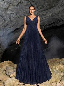 Faeriesty Shimmering Sleeveless V-Neck Maxi Dress With Waist-Cinching Silhouette & Pleated Fabric – Spring/Summer Evening Gown For Formal Events & Parties (Sophisticated Elegance, Versatile Party Wear)