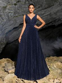 Faeriesty Shimmering Sleeveless V-Neck Maxi Dress With Waist-Cinching Silhouette & Pleated Fabric – Spring/Summer Evening Gown For Formal Events & Parties (Sophisticated Elegance, Versatile Party Wear) - Navy Blue - View 5