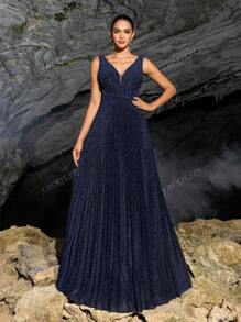 Faeriesty Shimmering Sleeveless V-Neck Maxi Dress With Waist-Cinching Silhouette & Pleated Fabric – Spring/Summer Evening Gown For Formal Events & Parties (Sophisticated Elegance, Versatile Party Wear)