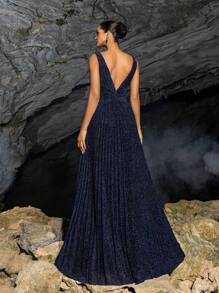 Faeriesty Shimmering Sleeveless V-Neck Maxi Dress With Waist-Cinching Silhouette & Pleated Fabric – Spring/Summer Evening Gown For Formal Events & Parties (Sophisticated Elegance, Versatile Party Wear) - Navy Blue - View 3
