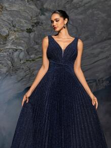 Faeriesty Shimmering Sleeveless V-Neck Maxi Dress With Waist-Cinching Silhouette & Pleated Fabric – Spring/Summer Evening Gown For Formal Events & Parties (Sophisticated Elegance, Versatile Party Wear) - Navy Blue - View 8