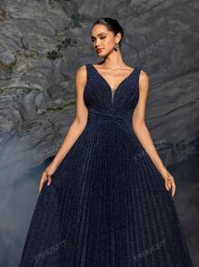 Faeriesty Shimmering Sleeveless V-Neck Maxi Dress With Waist-Cinching Silhouette & Pleated Fabric – Spring/Summer Evening Gown For Formal Events & Parties (Sophisticated Elegance, Versatile Party Wear)
