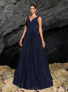Faeriesty Shimmering Sleeveless V-Neck Maxi Dress With Waist-Cinching Silhouette & Pleated Fabric – Spring/Summer Evening Gown For Formal Events & Parties (Sophisticated Elegance, Versatile Party Wear)