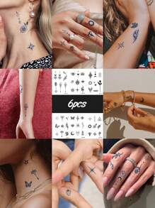 STARTTOOS Herbal Juice Temporary Tattoos Mini Set, Featuring Butterfly, Heart, Flowers, Rhinestones, Crescent Moon, And Snake Designs, Couple Tattoos For Daily, Party, Holiday Gifts, 14 Days No Fading, Waterproof, On Wrist, Fingers, Behind Ears, Shoulders, Neck, Collarbones - Blue - View 12