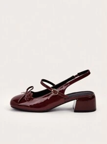 Burgundy Patent Leather Bow Decor Strap Chunky Heel Sandals, Suitable For Banquet, Casual & Holiday - Burgundy - View 2