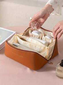 1 szt. Kreatywna kosmetyczka, kosmetyczka ze skóry PU, duża pojemność, modny i przenośny organizer na przybory toaletowe, wysokiej jakości brązowy kolor z koronką i plisowanym wzorem, wielofunkcyjna minimalistyczna kosmetyczka