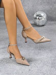 Women's Pointed Toe Metal Buckle Apricot Hollow Out High Heels, Sexy, Fashionable, Elegant Party Lacquer Apricot High Heel Shoes