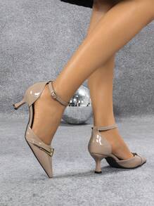 Women's Pointed Toe Metal Buckle Apricot Hollow Out High Heels, Sexy, Fashionable, Elegant Party Lacquer Apricot High Heel Shoes