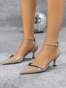 Women's Pointed Toe Metal Buckle Apricot Hollow Out High Heels, Sexy, Fashionable, Elegant Party Lacquer Apricot High Heel Shoes