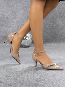 Women's Pointed Toe Metal Buckle Apricot Hollow Out High Heels, Sexy, Fashionable, Elegant Party Lacquer Apricot High Heel Shoes