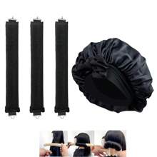 Juego de 4 piezas para el cuidado del cabello rizado: 1 gorro de satén ajustable con cordón - apto para mujeres y hombres, protege el cabello contra el encrespamiento y la rotura; 3 rizadores de cabello sin calor, palitos de peinado DIY aptos para todo tipo de cabello