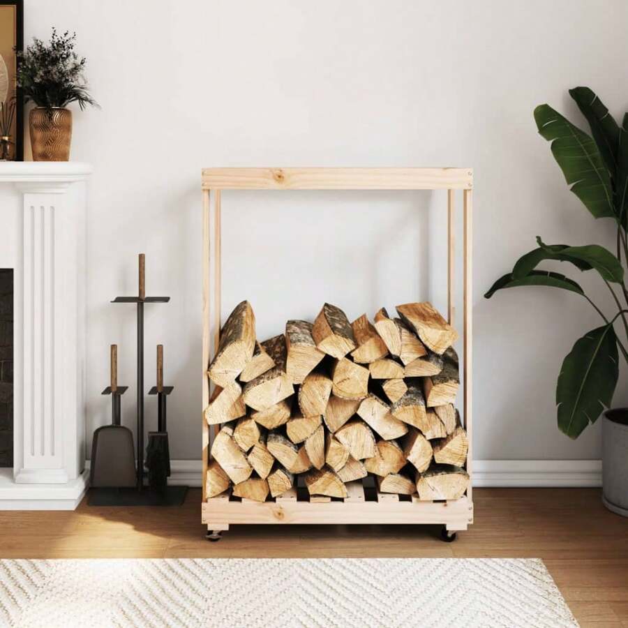 Wooden Log Holder On Wheels 76.5x408cm Pine Storage Rack Firewood Organizer - Brown - View 1