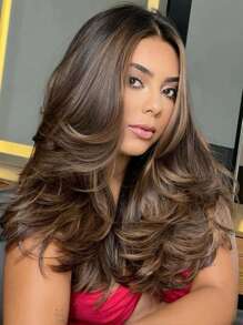 Chic Straight Layered Wigs For Women Synthetic Wig 4X1 Lace Wig Soft Synthetic Hair, Rose Net Cap, Mixed Brown Black Color For All Skin Women, Easy To Style, Natural Look, Short To Medium Length - Brown Highlight - View 2