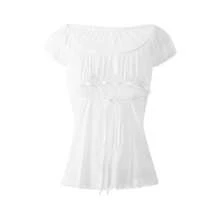 Women Y2k Fairy Grunge Shirts Short Sleeve See Through Lace Trim Square Neck T-Shirt Vintage Aesthetic Goth Crop Tees Tops - 白色 - 查看 3