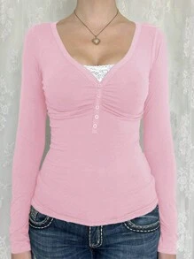 Women's T-Shirt Y2K Fall Clothes Casual Daily Sexy Solid Color Lace Contrasting Color Slim Long Sleeve V-Neck Top