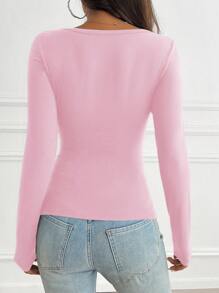 Women's T-Shirt Y2K Fall Clothes Casual Daily Sexy Solid Color Lace Contrasting Color Slim Long Sleeve V-Neck Top