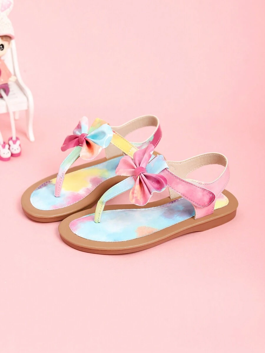 New Summer Thong Sandals With Bow Decor, Cute Girls Daily Casual Princess Flat Beach Sandals