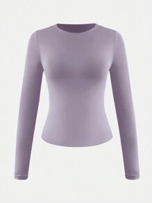 XLLAIS 秋冬春季弹力修身休闲夜店长袖亮红色女式T恤 - 淺灰紫 - 查看 5
