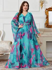 SUPGIR Plus Size Random Watercolor Floral Print V-Neck Chiffon Flare Sleeve Dress With Ruched Chest And Waist Decor Buttons, Modest - Green - View 5