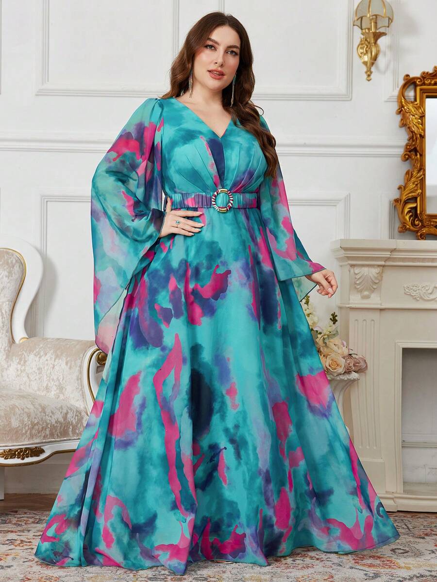 SUPGIR Plus Size Random Watercolor Floral Print V-Neck Chiffon Flare Sleeve Dress With Ruched Chest And Waist Decor Buttons, Modest - Green - View 1