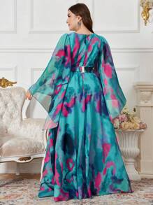 SUPGIR Plus Size Random Watercolor Floral Print V-Neck Chiffon Flare Sleeve Dress With Ruched Chest And Waist Decor Buttons, Modest - Green - View 2