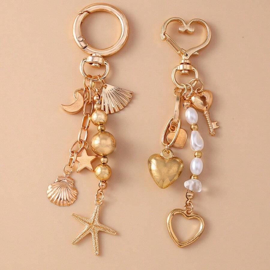 创意包包吊坠月亮星星海星钥匙扣时尚钥匙仿珍珠串珠爱心钥匙圈背包吊坠情人节 - 金色 - 查看 1