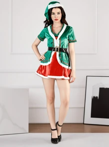 3 件套圣诞涤纶连衣裙、绿色圣诞帽、黑色腰带、圣诞派对服装