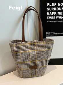 New Contrasting Leopard Print Women's Large Capacity Retro Color Block Shoulder Bag, Vintage Elegant Commuter Tote Bag, Autumn/Winter - Khaki - View 3