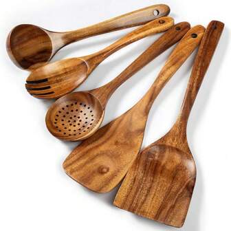 Juego de 5 utensilios de cocina de madera, juego de cucharas y mezclador de madera natural, adecuado para sartenes y ollas antiadherentes