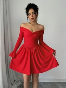 Red Color Sexy Twisted Off Shoulder Backless Waist Ruched A-Line Mini Dress With Glitter Detail For Women's Dating Party Cocktail Valentine's Day - Red - View 2
