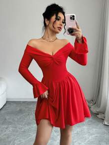 Red Color Sexy Twisted Off Shoulder Backless Waist Ruched A-Line Mini Dress With Glitter Detail For Women's Dating Party Cocktail Valentine's Day - Red - View 4