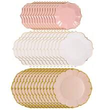 60 Packungen elegante rosa und weiße Pappteller, Einweg-Partyteller für Geburtstag, Babyparty, Hochzeit, Ostern für 20 Gäste (18cm+23cm+25cm)