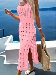 Solid Color Spaghetti Strap Dress, Elegant High Slit Knee Length Knit Dress, Spring/Summer Women Clothing